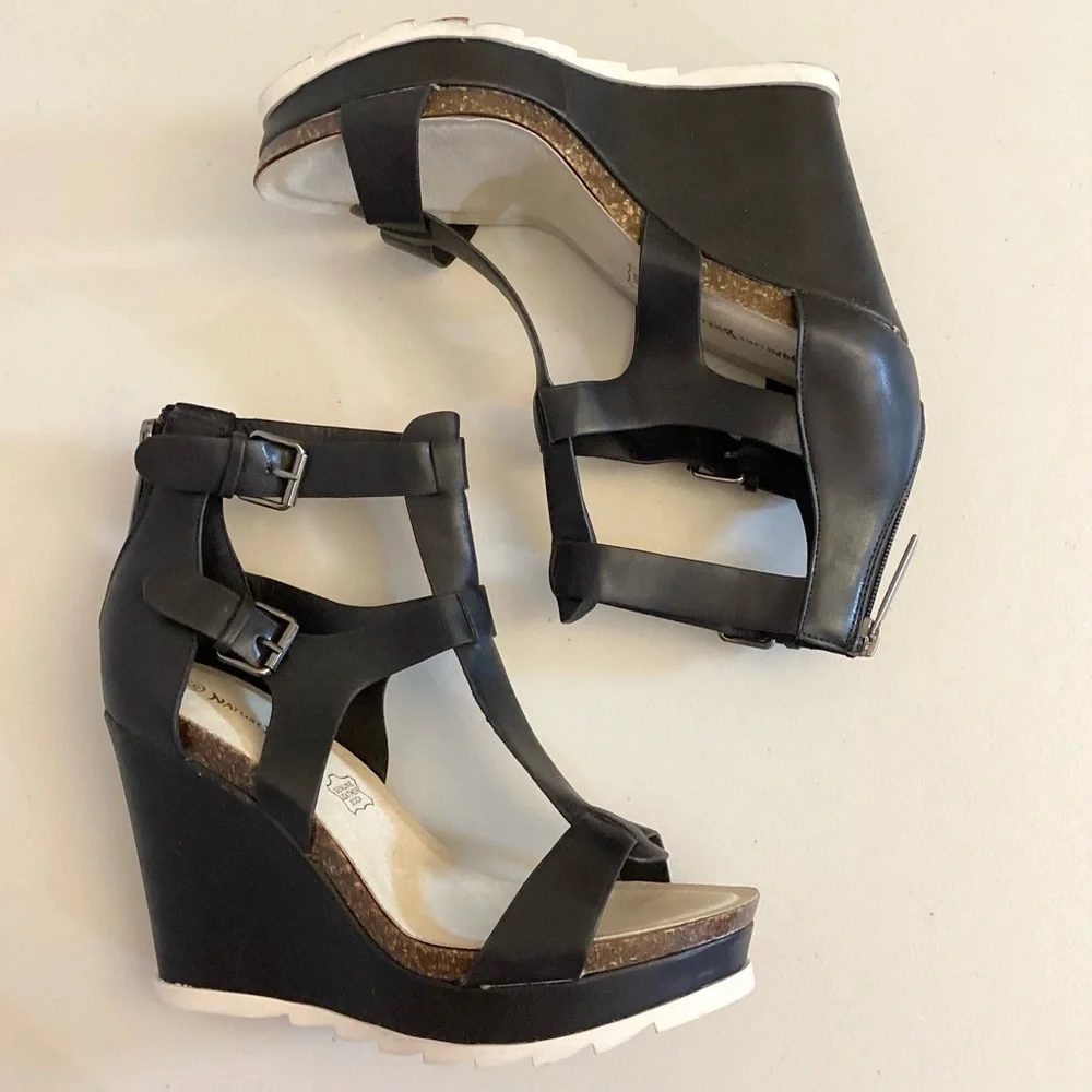 Nature Breeze 8.5 Gladiator Black Wedge Leather Sandals Women’s Cork Shoes